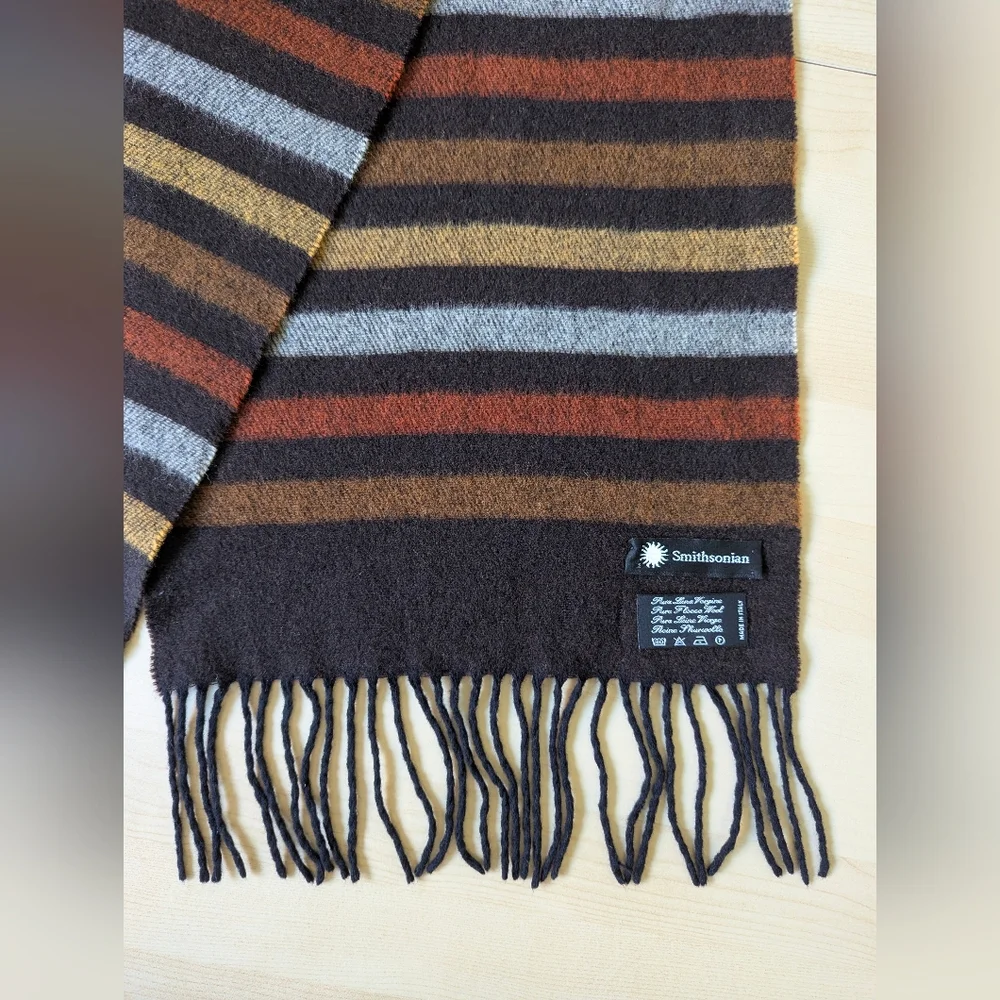 Smithsonian Brown Yellow Orange Striped Scarf Wool Made In‎ Italy